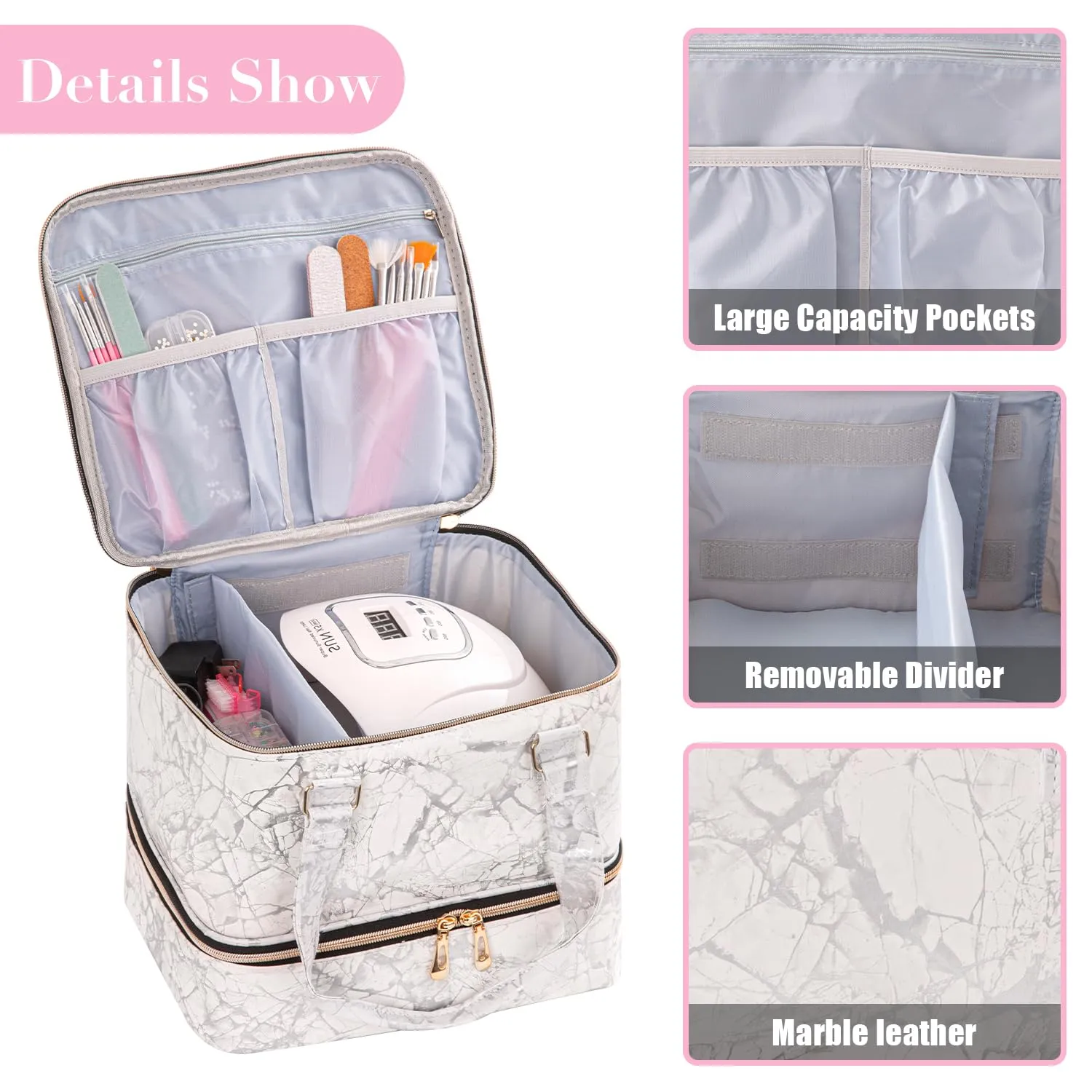 Nail Polish Organizer Bag Double Layers Nail Polish Storage Case Holds 42 Bottles & 1 Nail Lamp Gel Carrying Case Bag Manicure Supplies Organizers (Marbling)