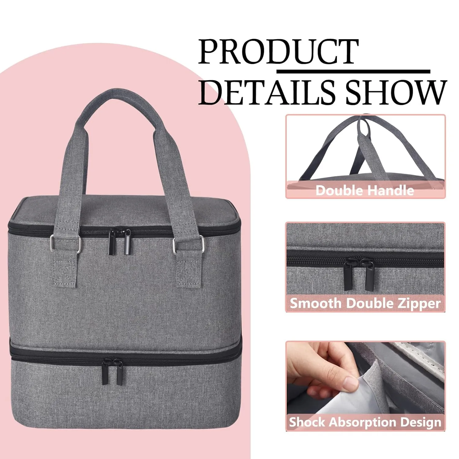 Nail Polish Organizer Case - Holds 42  Bottles (15ml/0.5 fl.oz) and 1 Nail Lamp, Upgraded Double-layer Nail Polish Carrying Case Nail Polish Storage Bag with Handles (Grey)