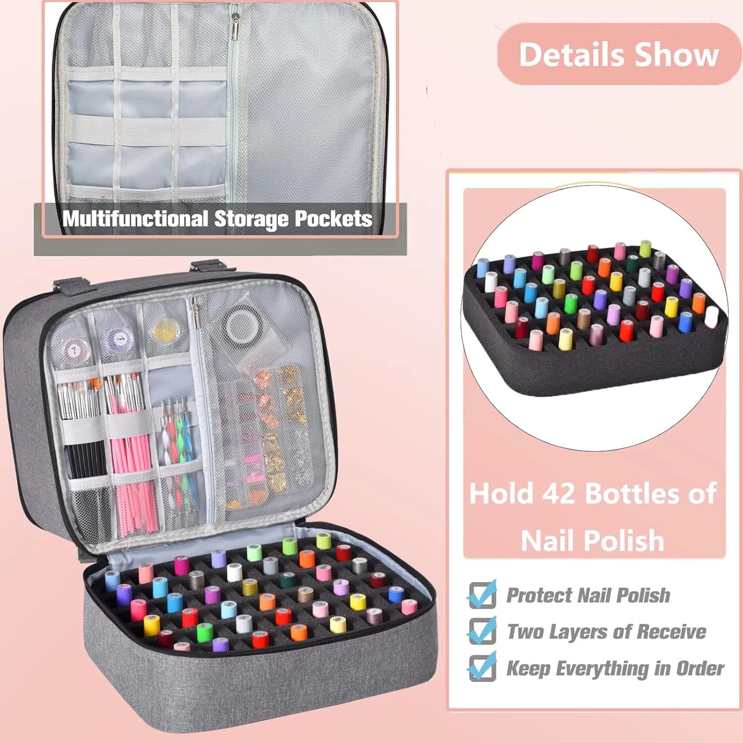 Nail Polish Organizer Case - Holds 42  Bottles (15ml/0.5 fl.oz) and 1 Nail Lamp, Upgraded Double-layer Nail Polish Carrying Case Nail Polish Storage Bag with Handles (Grey)