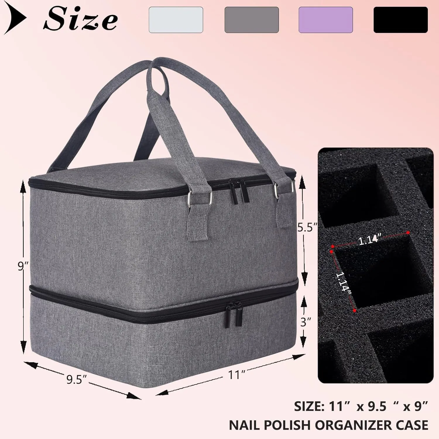 Nail Polish Organizer Case - Holds 42  Bottles (15ml/0.5 fl.oz) and 1 Nail Lamp, Upgraded Double-layer Nail Polish Carrying Case Nail Polish Storage Bag with Handles (Grey)