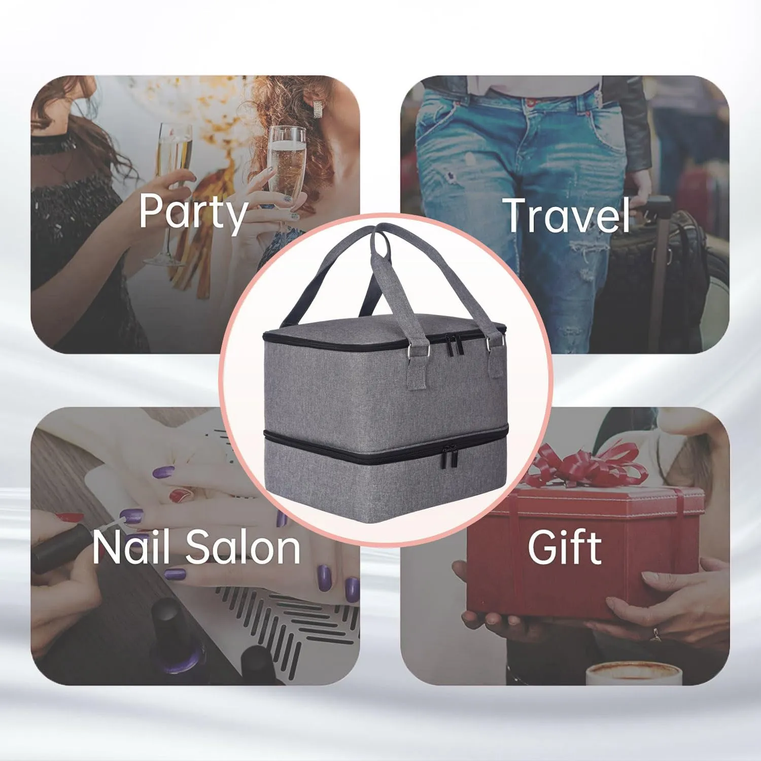 Nail Polish Organizer Case - Holds 42  Bottles (15ml/0.5 fl.oz) and 1 Nail Lamp, Upgraded Double-layer Nail Polish Carrying Case Nail Polish Storage Bag with Handles (Grey)