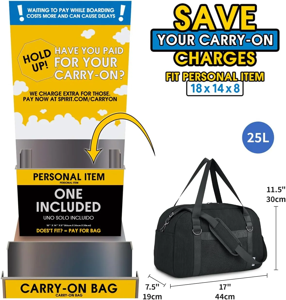 Narwey 18" Small Duffle Bag Carry on Underseat Luggage for Airplane with Wet Pocket Spirit Airlines Personal Item Bag 18x14x8 Travel Duffel Bag Gym Overnight for Women and Men (Black)