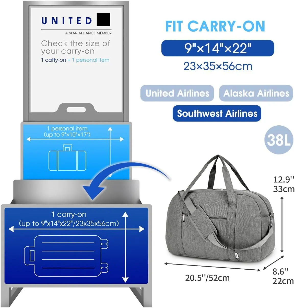 Narwey Carry on Bag 22x14x9 Airlines Approved, Carry on Duffle Bag for Airplane with Wet Pocket, Travel Duffel Bag Luggage Bag Weekender Overnight for Women Men (Grey)