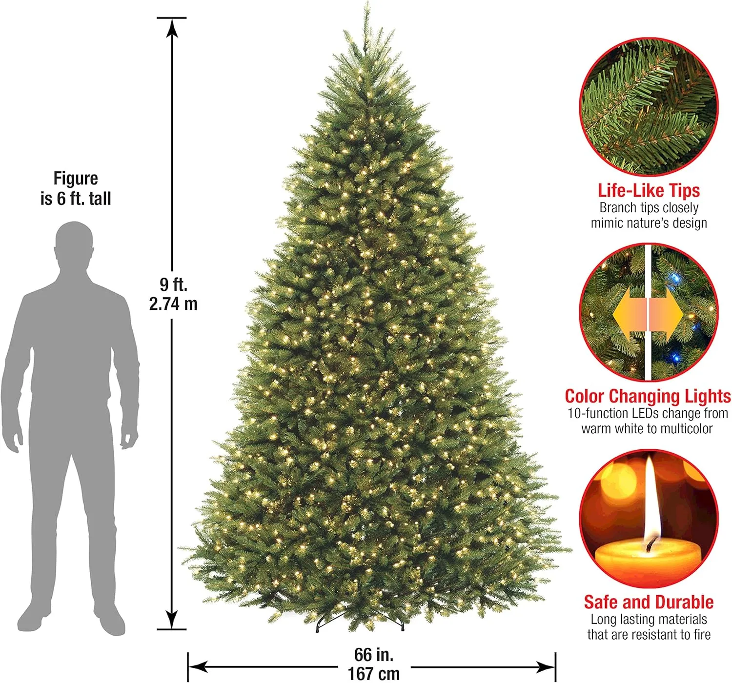 National Tree Company Pre-Lit Artificial Full Christmas Tree, Green, Dunhill Fir, Dual Color LED Lights, Includes Stand, 9 Feet