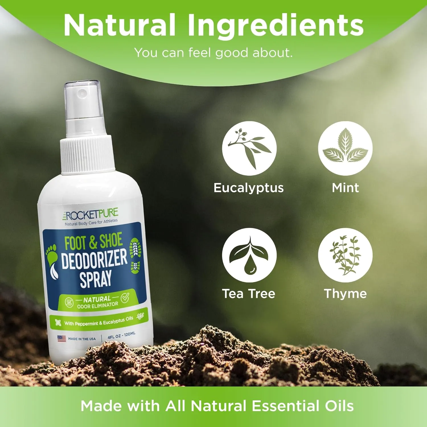 Natural Foot & Shoe Deodorizer Spray - Foot Spray for Smelly Feet & Shoe Spray for Smelly Shoes - Removes, Controls & Prevents Odors - Made with Essential Oils - Made in USA (Mint, 4oz)