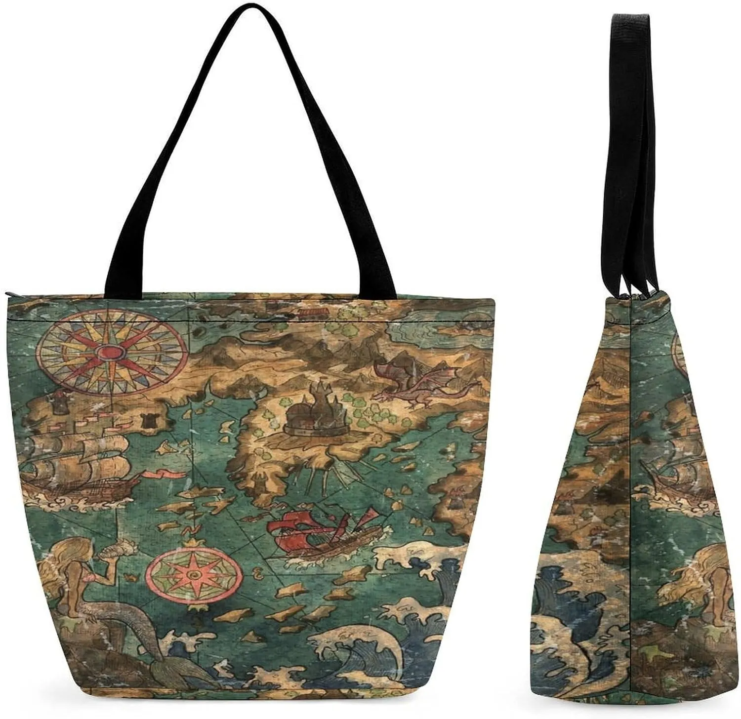 Nautical Sea Map Compass Sailing Ship Large Fashion Totes Bag Women's Casual Purses Work Handbags Shopping Bag