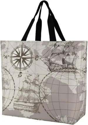Nautical Sea Map Compass Sailing Ship Large Totes Bag Women's Casual Purses Work Handbags Shopping Bag