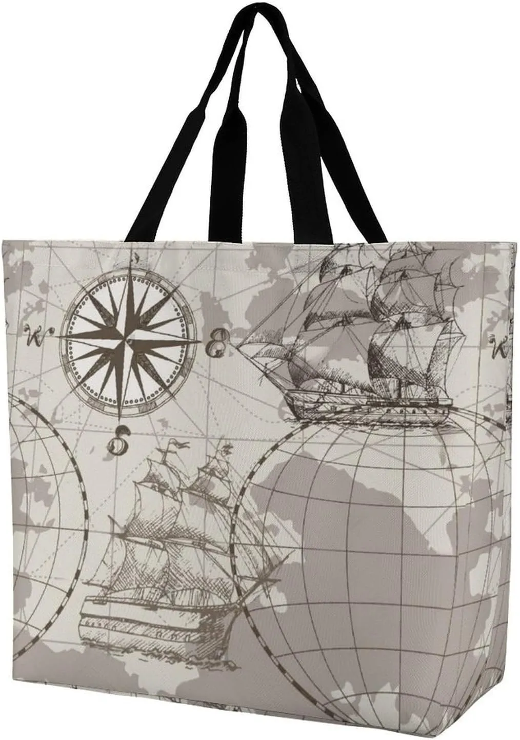 Nautical Sea Map Compass Sailing Ship Large Totes Bag Women's Casual Purses Work Handbags Shopping Bag