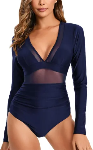 NESY Women's Long Sleeve Rash Guard Swimsuits One Piece Bathing Suit UV Protection Surfing Suit Zipper Printed Swimwear
