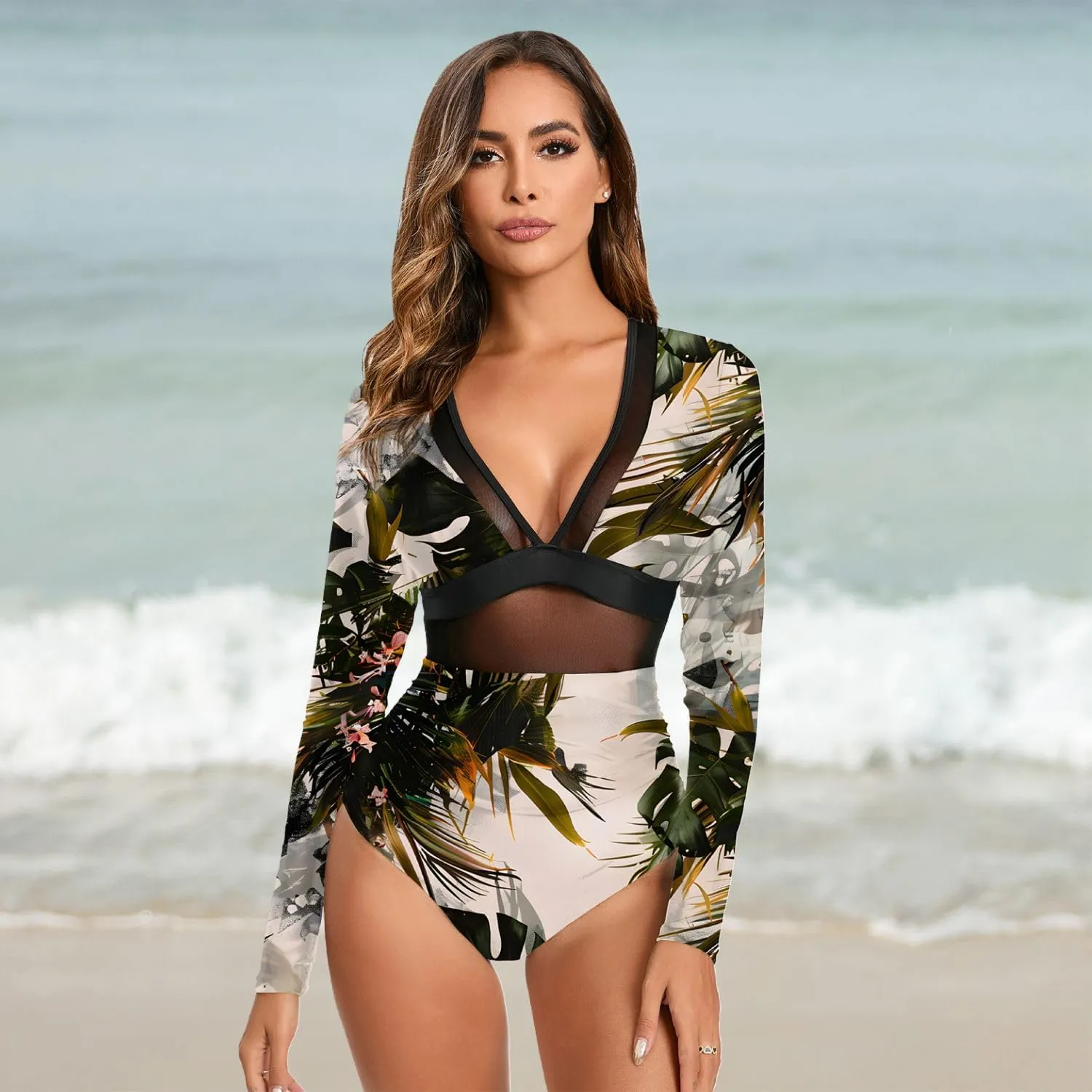 NESY Women's Long Sleeve Rash Guard Swimsuits One Piece Bathing Suit UV Protection Surfing Suit Zipper Printed Swimwear