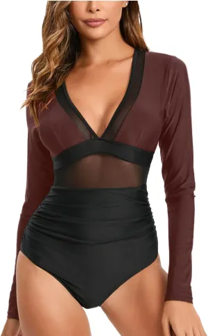NESY Women's Long Sleeve Rash Guard Swimsuits One Piece Bathing Suit UV Protection Surfing Suit Zipper Printed Swimwear