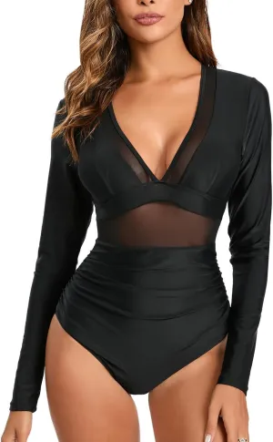 NESY Women's Long Sleeve Rash Guard Swimsuits One Piece Bathing Suit UV Protection Surfing Suit Zipper Printed Swimwear