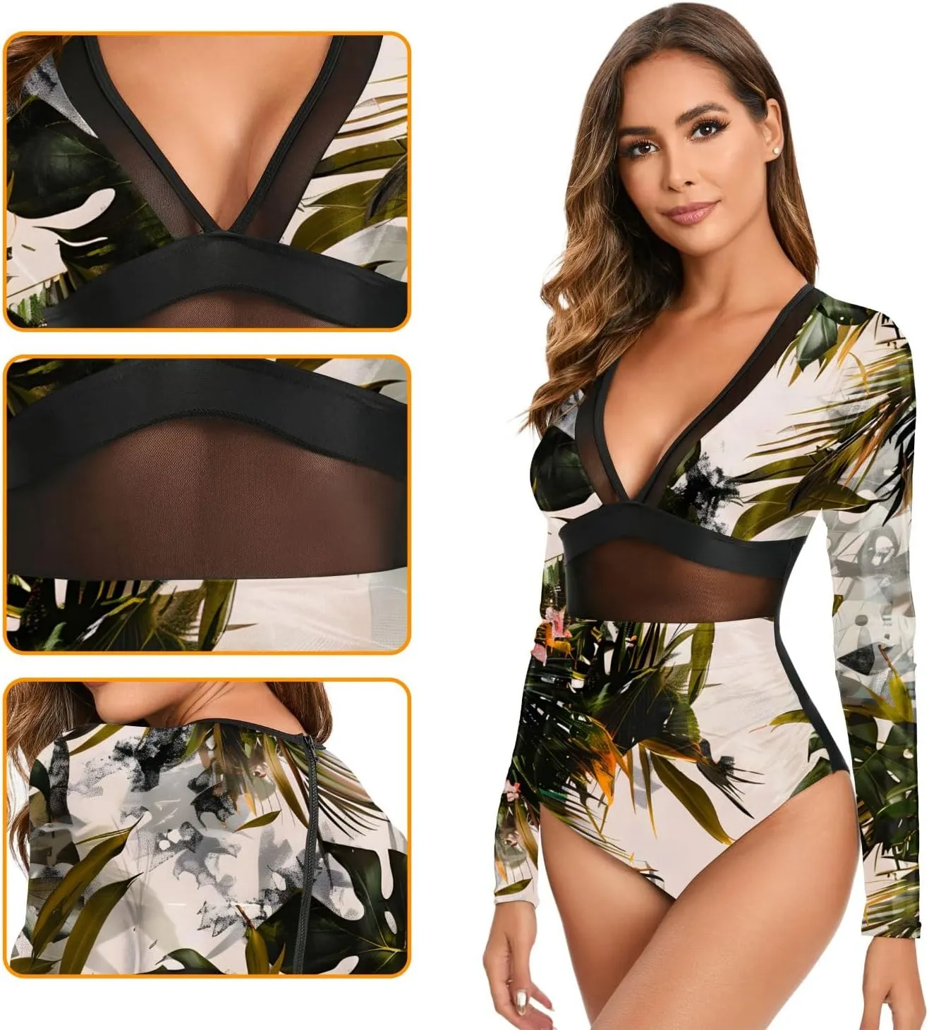 NESY Women's Long Sleeve Rash Guard Swimsuits One Piece Bathing Suit UV Protection Surfing Suit Zipper Printed Swimwear