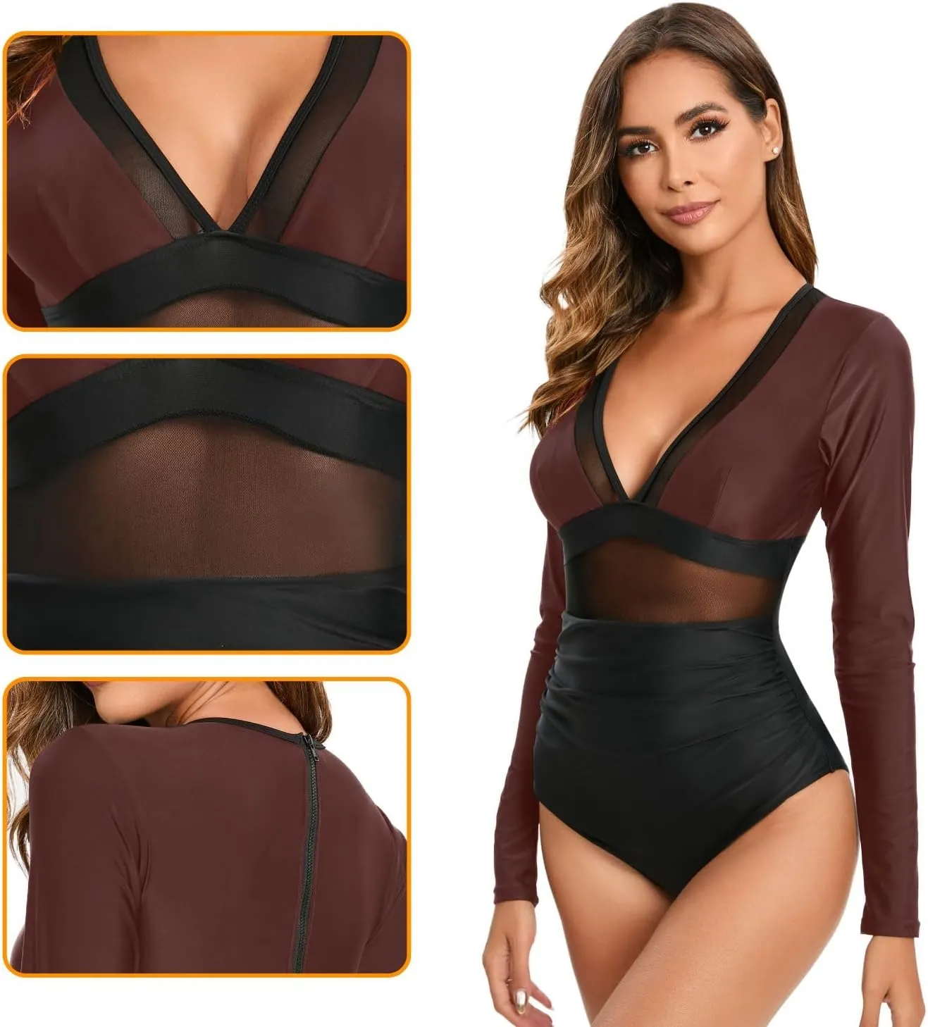 NESY Women's Long Sleeve Rash Guard Swimsuits One Piece Bathing Suit UV Protection Surfing Suit Zipper Printed Swimwear