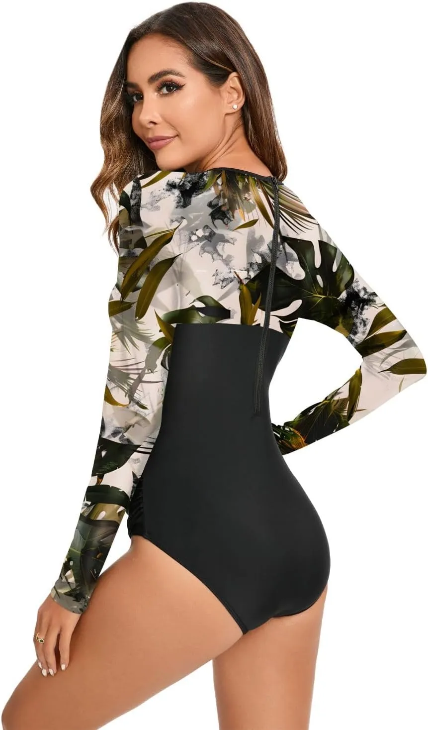 NESY Women's Long Sleeve Rash Guard Swimsuits One Piece Bathing Suit UV Protection Surfing Suit Zipper Printed Swimwear