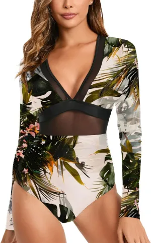 NESY Women's Long Sleeve Rash Guard Swimsuits One Piece Bathing Suit UV Protection Surfing Suit Zipper Printed Swimwear
