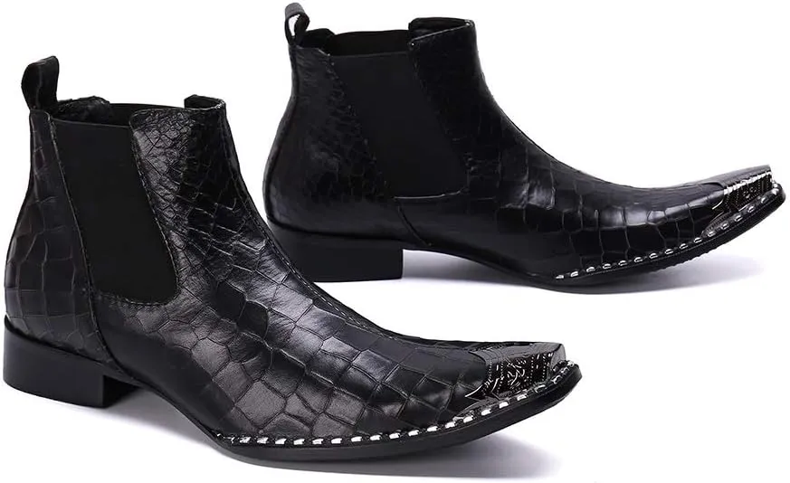 New Ankle Boots For Men Snakeskin Metal Toe Chelsea Boots for Men Club Show Business Party For Office Genuine Leather The First Layer Of Cowhide Pure Leather