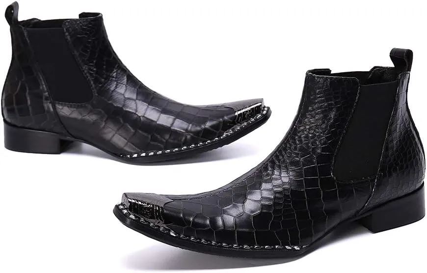 New Ankle Boots For Men Snakeskin Metal Toe Chelsea Boots for Men Club Show Business Party For Office Genuine Leather The First Layer Of Cowhide Pure Leather