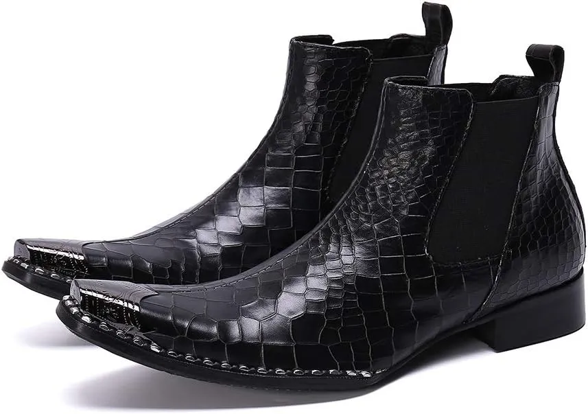 New Ankle Boots For Men Snakeskin Metal Toe Chelsea Boots for Men Club Show Business Party For Office Genuine Leather The First Layer Of Cowhide Pure Leather