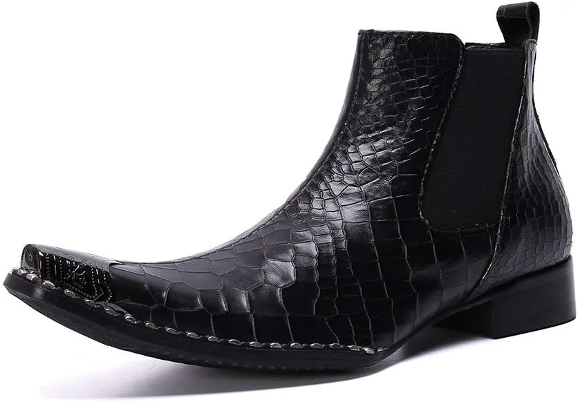 New Ankle Boots For Men Snakeskin Metal Toe Chelsea Boots for Men Club Show Business Party For Office Genuine Leather The First Layer Of Cowhide Pure Leather