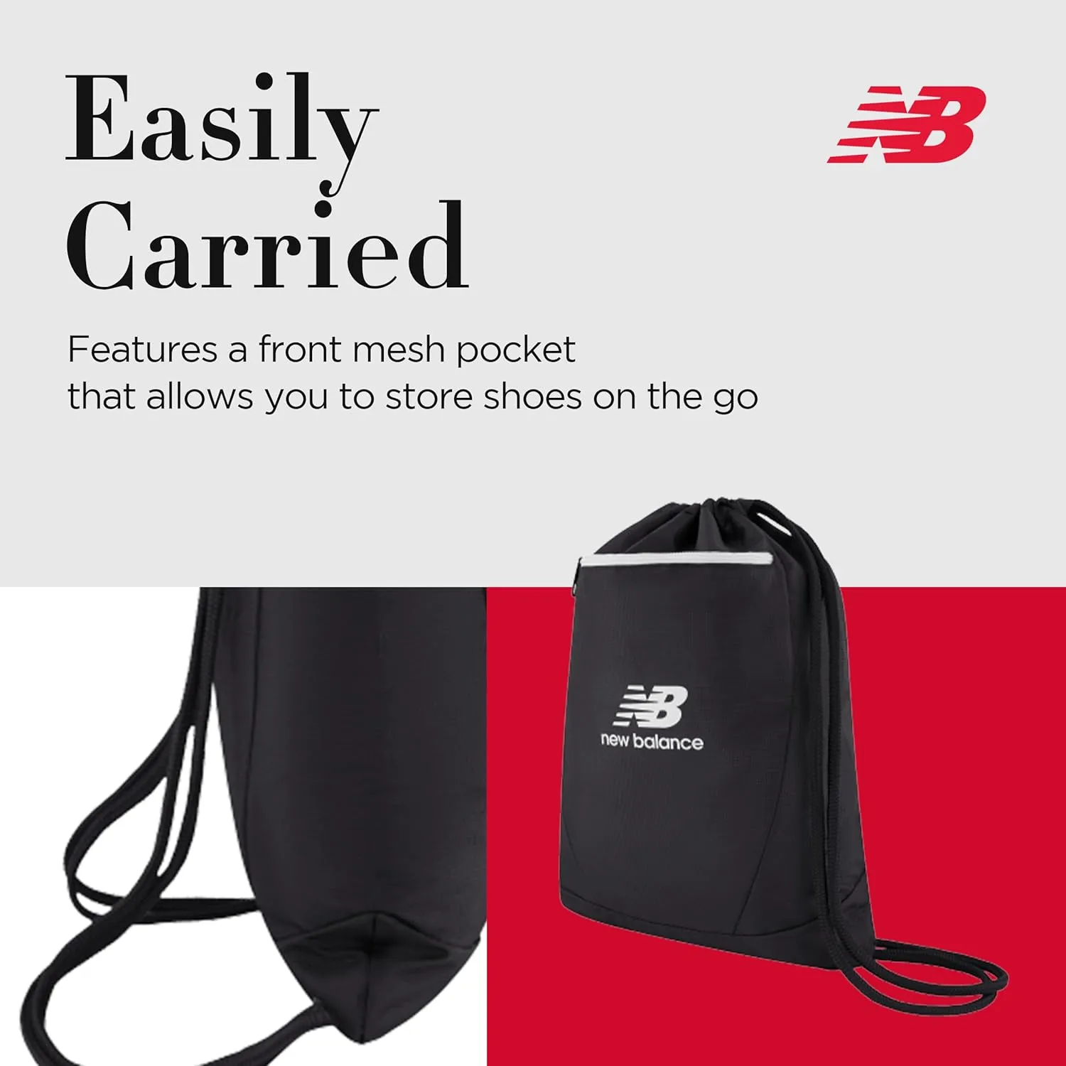 New Balance Drawstring Backpack, Small Gym Travel Bag with Front Zip Pocket, Sports Cinch Sack for Men and Women, Black, 17.5 Inch