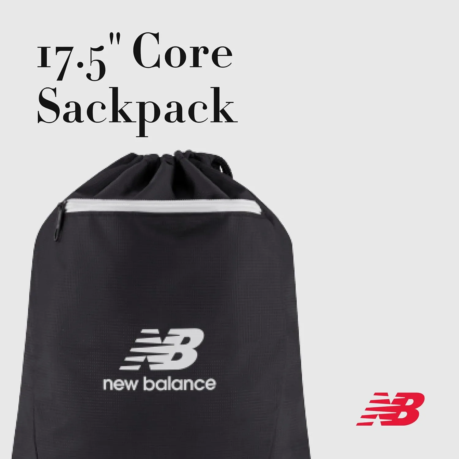 New Balance Drawstring Backpack, Small Gym Travel Bag with Front Zip Pocket, Sports Cinch Sack for Men and Women, Black, 17.5 Inch