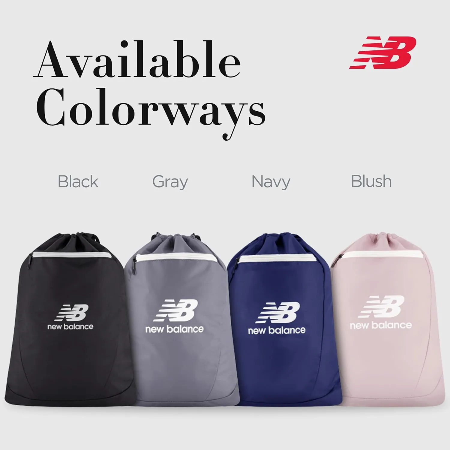 New Balance Drawstring Backpack, Small Gym Travel Bag with Front Zip Pocket, Sports Cinch Sack for Men and Women, Black, 17.5 Inch