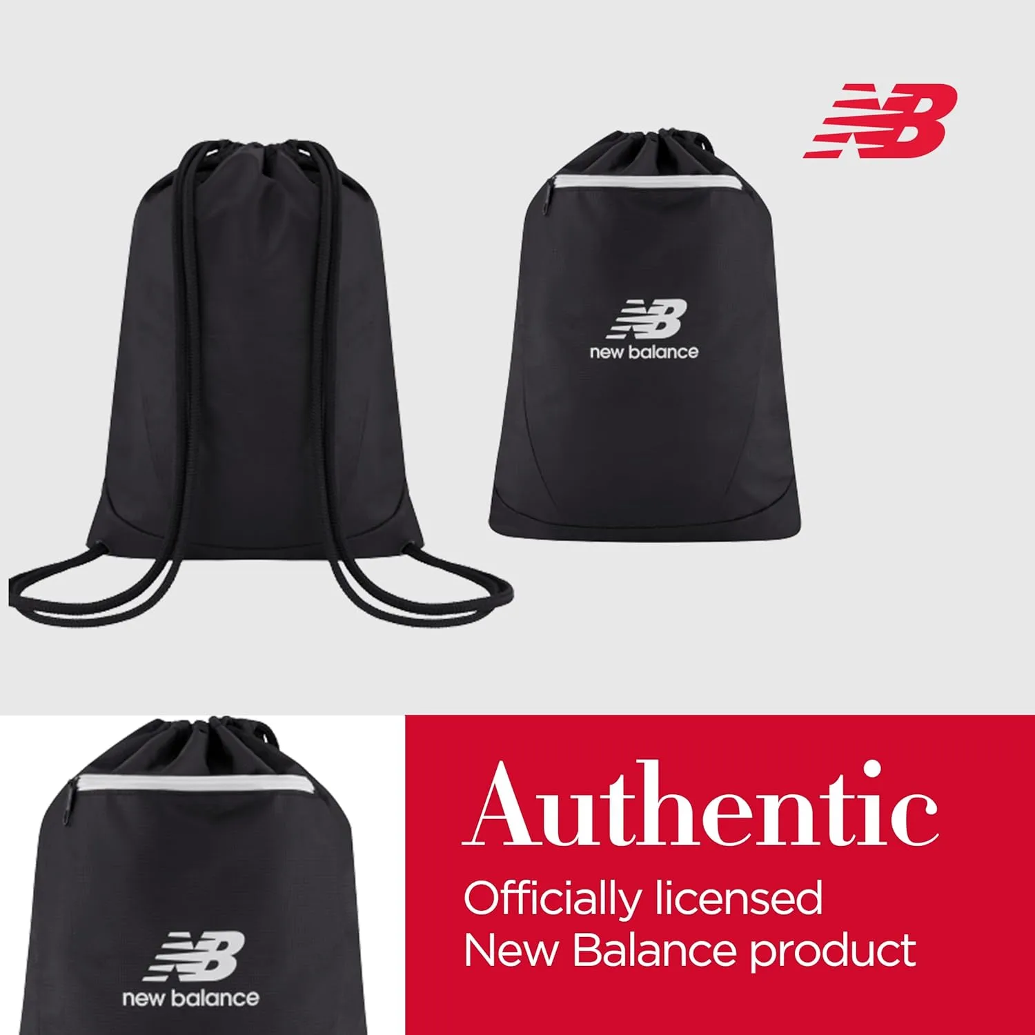 New Balance Drawstring Backpack, Small Gym Travel Bag with Front Zip Pocket, Sports Cinch Sack for Men and Women, Black, 17.5 Inch