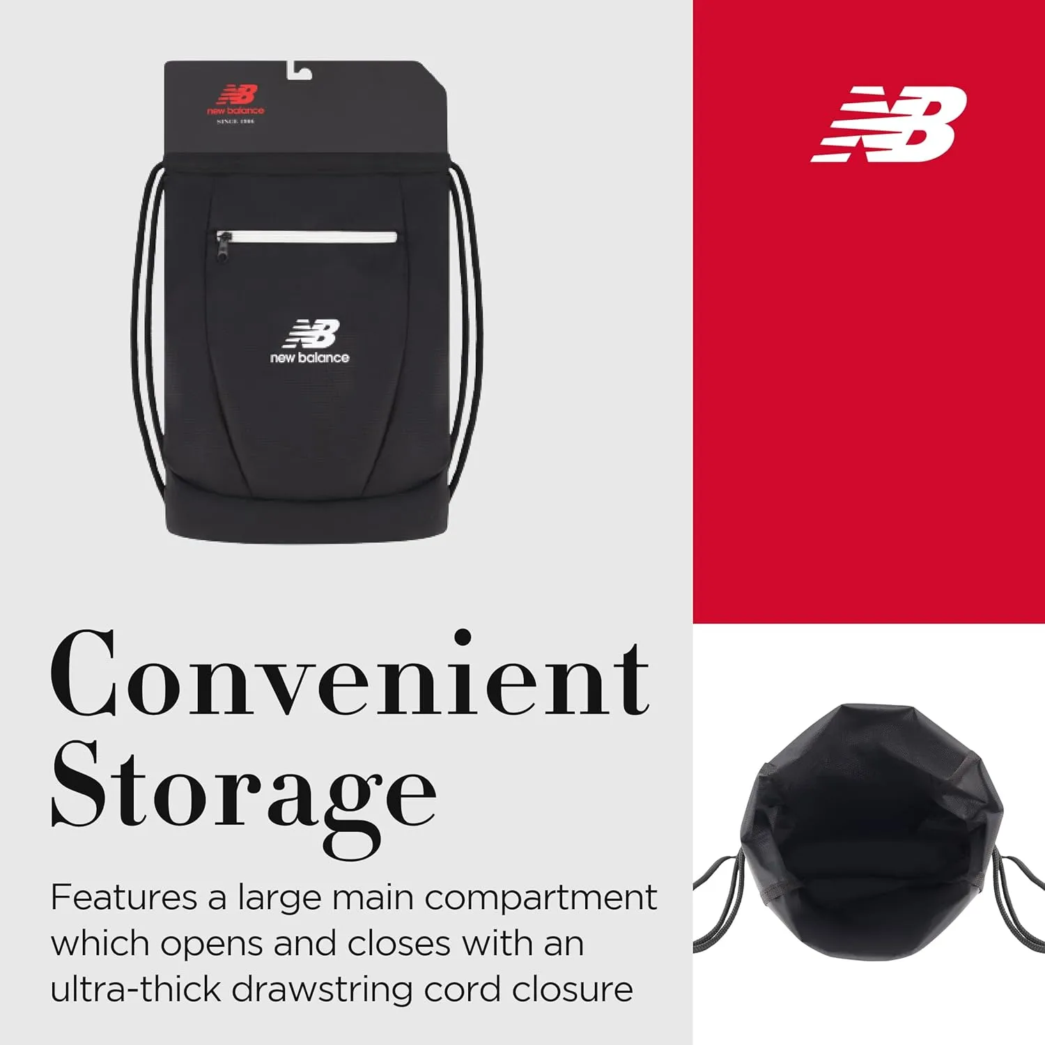 New Balance Drawstring Backpack, Small Gym Travel Bag with Front Zip Pocket, Sports Cinch Sack for Men and Women, Black, 17.5 Inch
