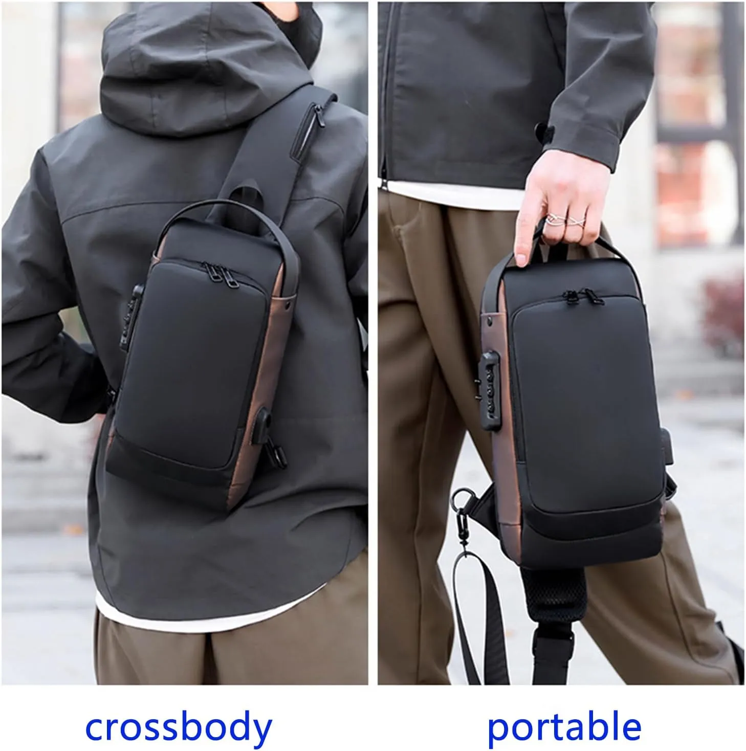 New Carbon Fiber Anti-Theft Sling Bag, Carbon Fiber Anti Theft Sling Bag, Sports Crossbody Bag, Waterproof Shoulder Backpack (grey gold)
