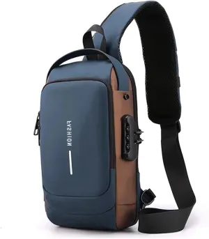 New Carbon Fiber Streamline Anti-Theft Sling Bag, Anti Theft Crossbody Bag, Waterproof USB Port Sport Shoulder Bag for Outdoor Work Hiking Running Sport Travel Bag (Blue with brown)