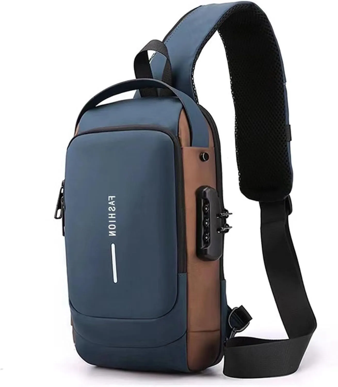 New Carbon Fiber Streamline Anti-Theft Sling Bag, Anti Theft Crossbody Bag, Waterproof USB Port Sport Shoulder Bag for Outdoor Work Hiking Running Sport Travel Bag (Blue with brown)