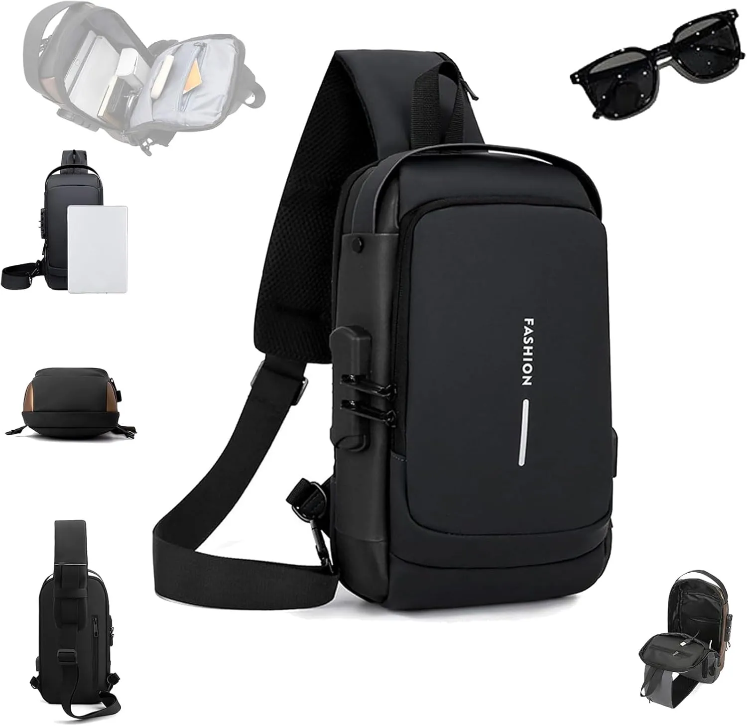 New Carbon Fiber Streamline Anti-Theft Sling Bag, Auricz Sling Bag, Charging Sport Shoulder, Anti-Theft and Waterproof (Black)