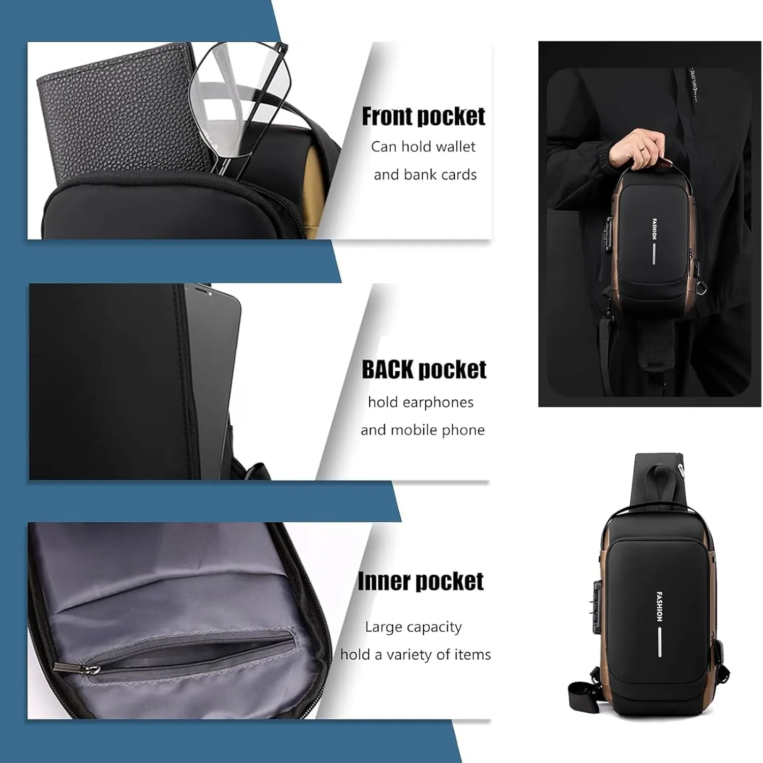 New Carbon Fiber Streamline Anti-Theft Sling Bag, Auricz Sling Bag, Charging Sport Shoulder, Anti-Theft and Waterproof (Black)