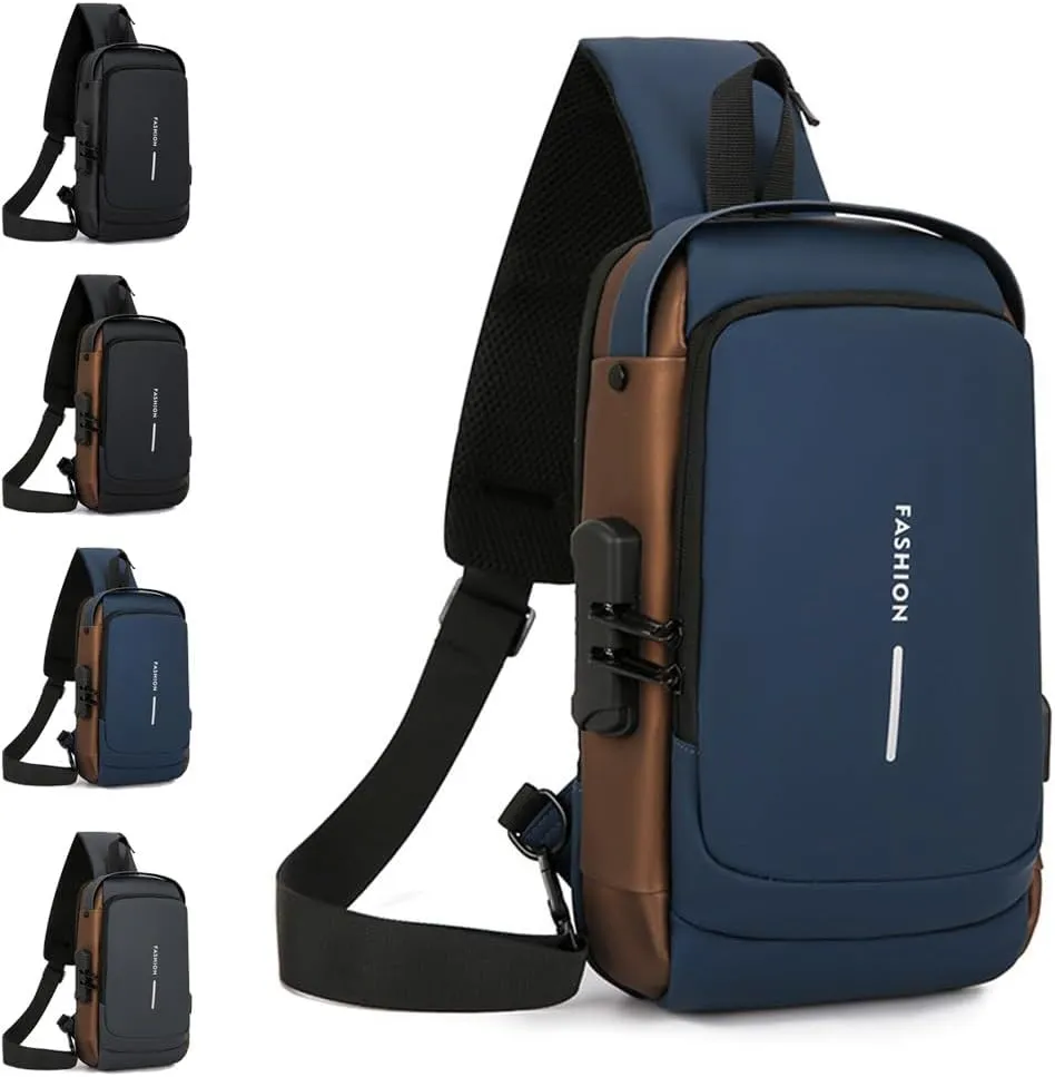 New Carbon Fiber Streamline Anti-Theft Sling Bag, Black Travel Waterproof USB Charging Port Sling Bag for Men(Blue)