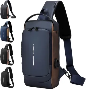 New Carbon Fiber Streamline Anti-Theft Sling Bag, Fashion Anti-theft Crossbody Charging Bag, Waterproof Shoulder Backpack, USB Charging Sport Chest Daypack (Blue Gold)