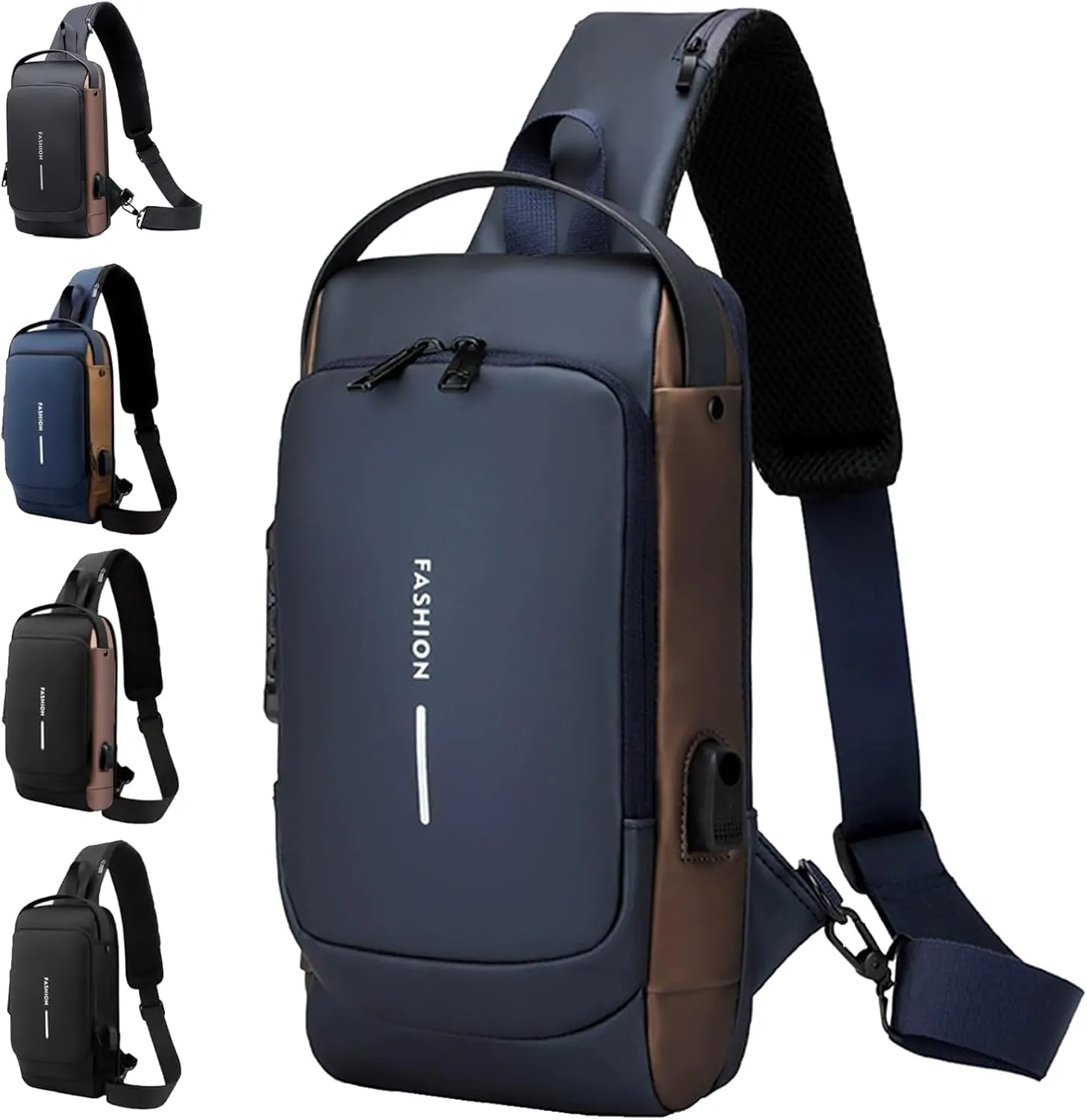 New Carbon Fiber Streamline Anti-Theft Sling Bag, Fashion Anti-theft Crossbody Charging Bag, Waterproof Shoulder Backpack, USB Charging Sport Chest Daypack (Blue Gold)