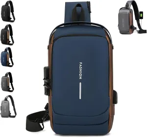New Carbon Fiber Streamline Anti-theft Sling Bag-USB Charging & Lock, Waterproof Cross Body Anti Theft Sport Shoulder Purse (Blue with Brown)