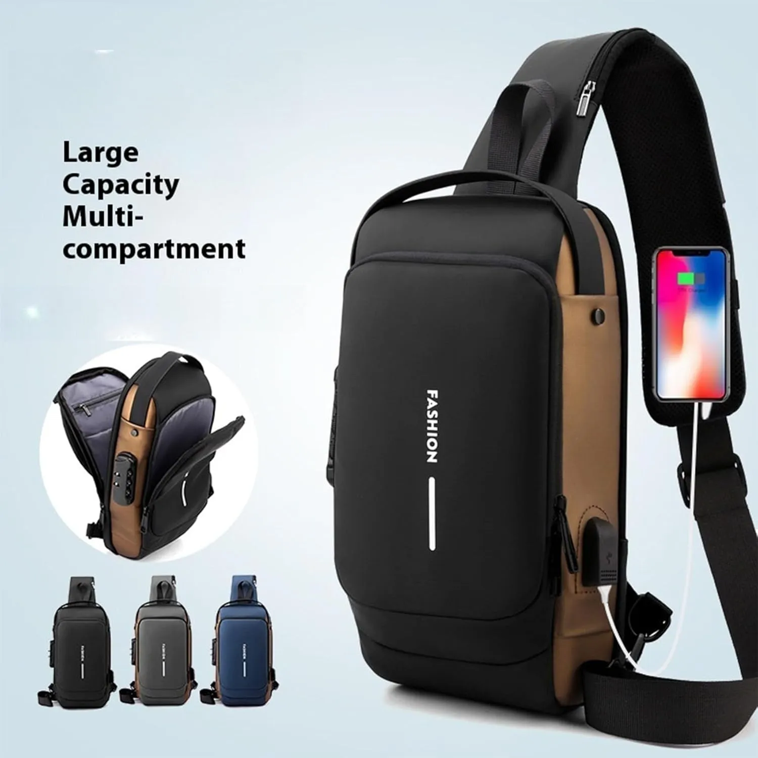 New Carbon Fiber Streamline Anti-Theft Sling Bag, USB Charging Sport Sling Sport Waterproof Anti Theft Shoulder Bag (Blue)