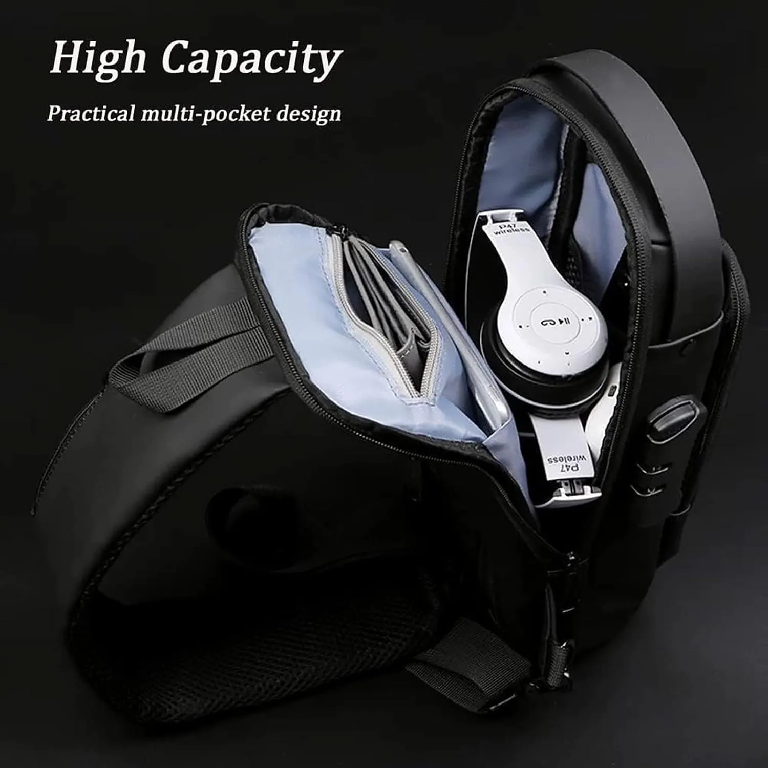 New Carbon Fiber Streamline Anti-Theft Sling Bag, Usb Charging Sport Sling, Waterproof Shoulder Backpack (Black-B)