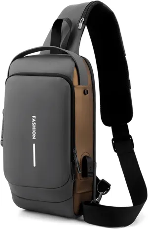 New Carbon Fiber Streamline Anti-Theft Sling Bag, USB Charging Sport Sling, Waterproof Shoulder Crossbody Backpack (GrayBrown)