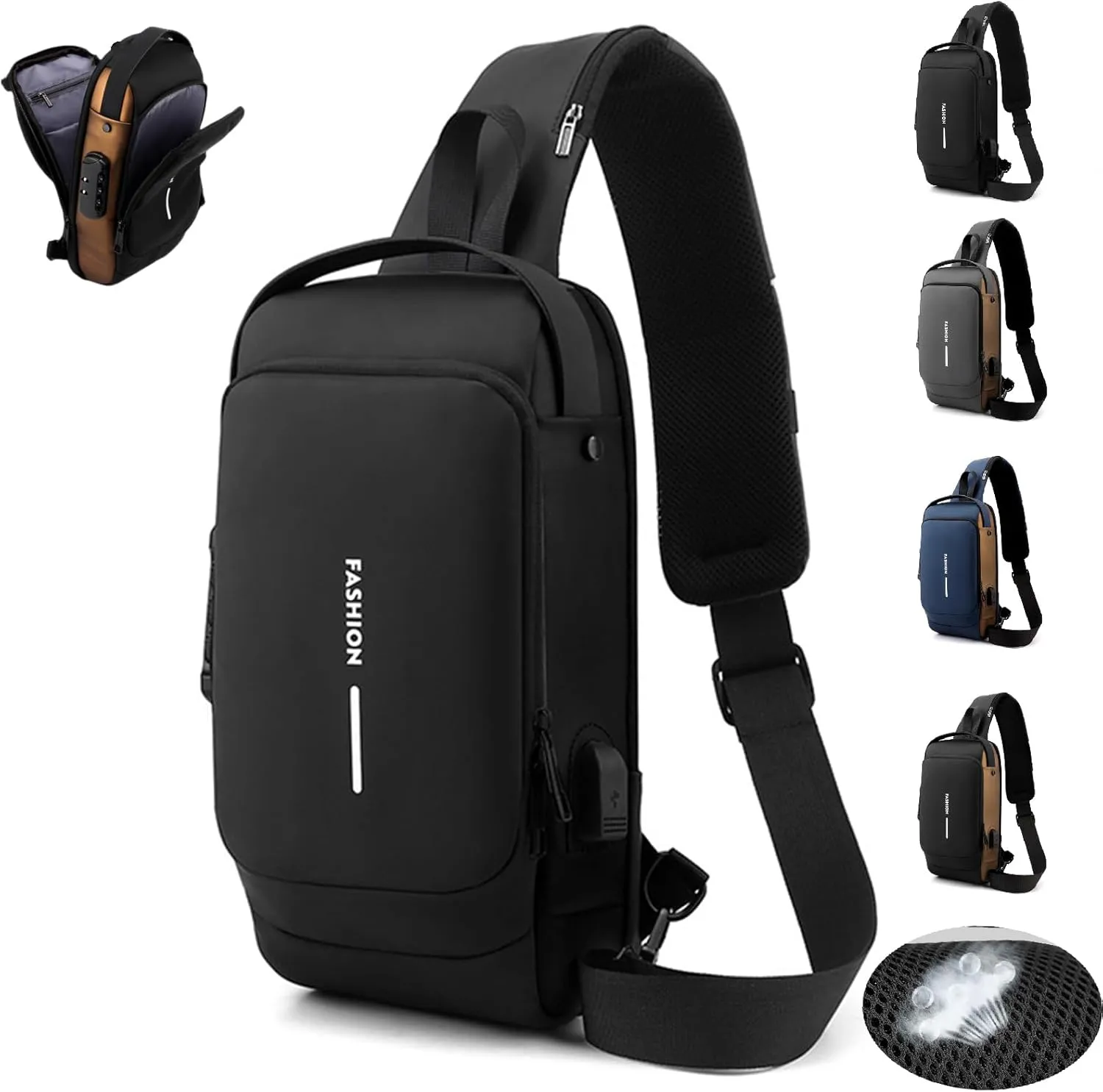 New Carbon Fiber Streamline Anti-Theft Sling Bag, USB Charging Waterproof Crossbody Backpack with Hidden Compartments (Black)
