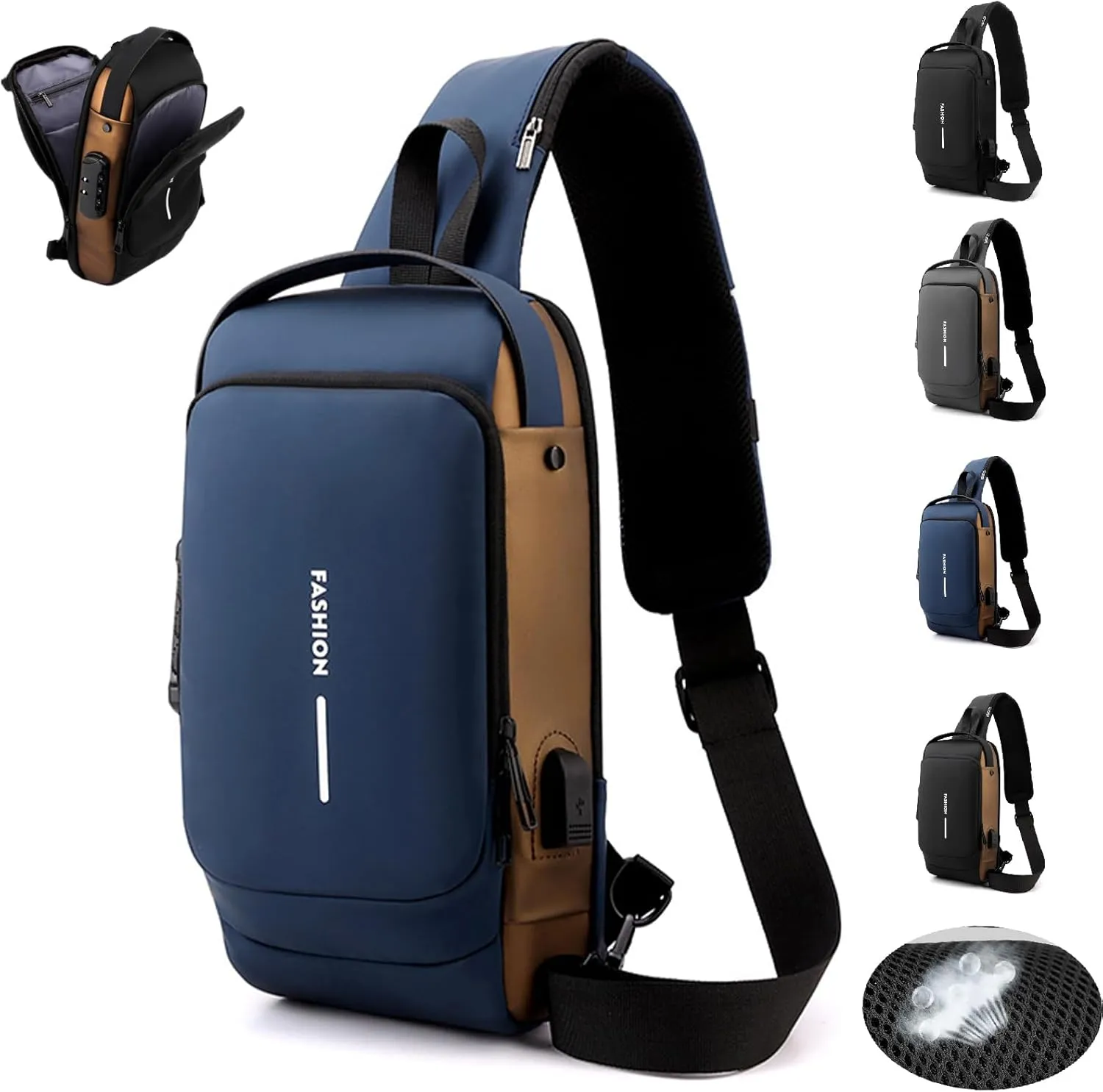 New Carbon Fiber Streamline Anti-Theft Sling Bag, USB Charging Waterproof Crossbody Backpack with Hidden Compartments (Blue)