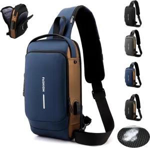 New Carbon Fiber Streamline Anti-Theft Sling Bag, USB Charging Waterproof Crossbody Backpack with Hidden Compartments (Blue)