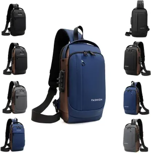 New Carbon Fiber Streamline Anti-Theft Sling Bag, USB Charging Waterproof Shoulder Backpack, for Daily Trips, Commutes, Sport (Blue Brown-A)