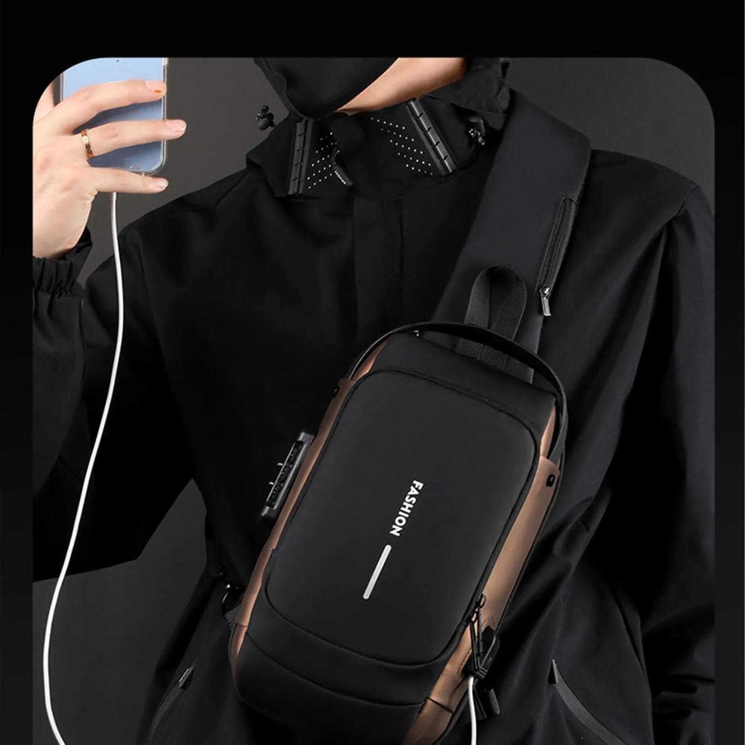 New Carbon Fiber Streamline Anti-Theft Sling Bag, USB Charging Waterproof Shoulder Backpack, for Daily Trips, Commutes, Sport (Gray Brown-B)