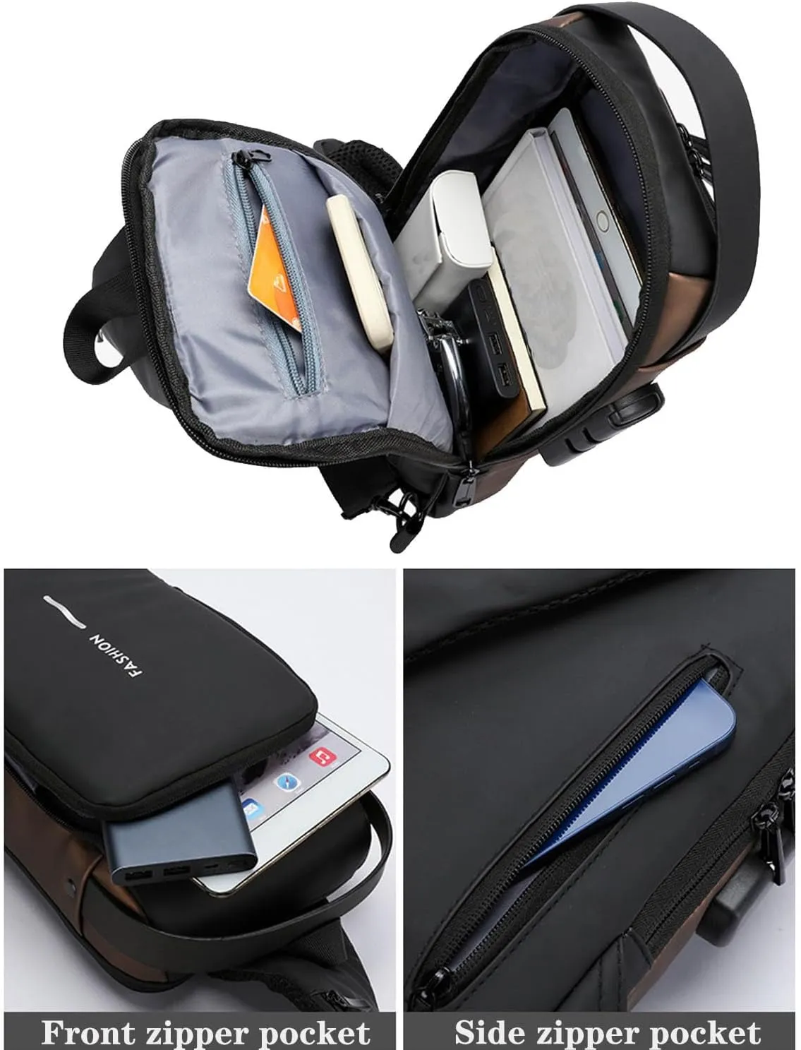 New Carbon Fiber Streamline Anti-Theft Sling Bag, USB Charging Waterproof Shoulder Backpack, for Daily Trips, Commutes, Sport (Gray Brown-B)