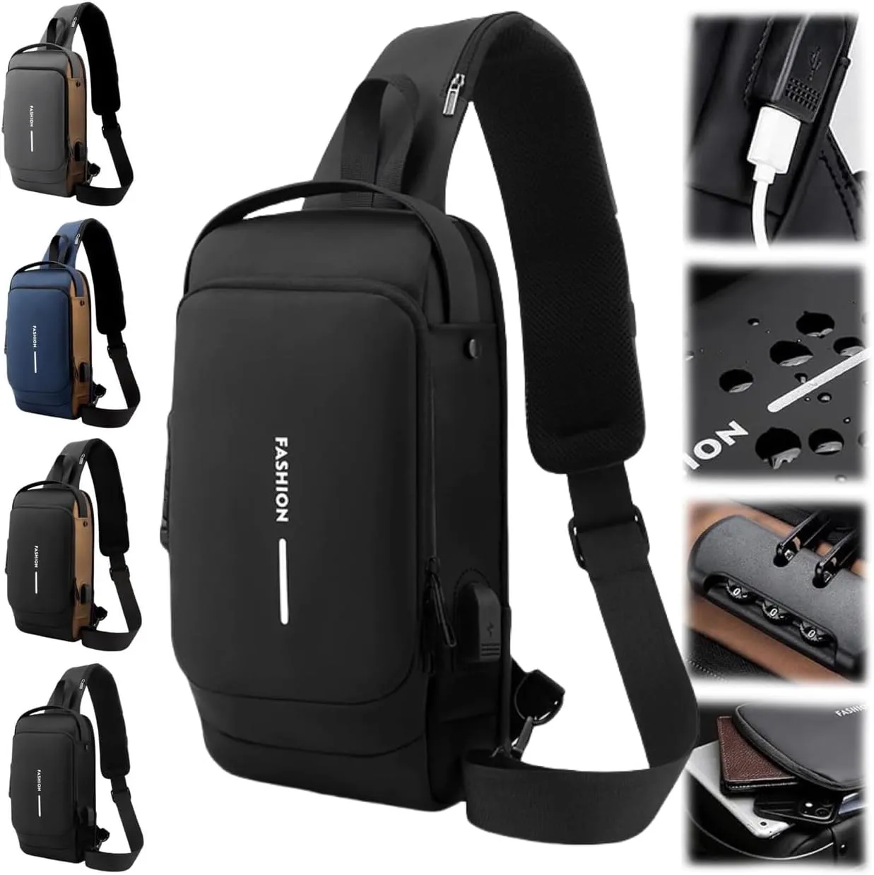 New Carbon Fiber Streamline Anti-Theft Sling Bag, Waterproof USB Charging Sport Sling Anti Theft Shoulder Backpack (Black)