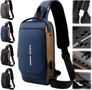 New Carbon Fiber Streamline Anti-Theft Sling Bag, Waterproof USB Charging Sport Sling Anti Theft Shoulder Backpack (Blue with Brown)