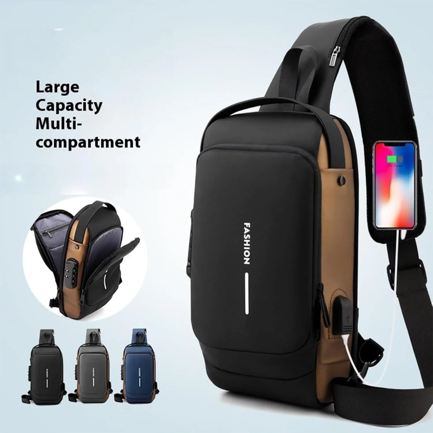 New Carbon Fiber Streamline Anti-Theft Sling Bag,USB charging port Sport Waterproof Shoulder Bag, for Daily Trips, Commutes (Brown)